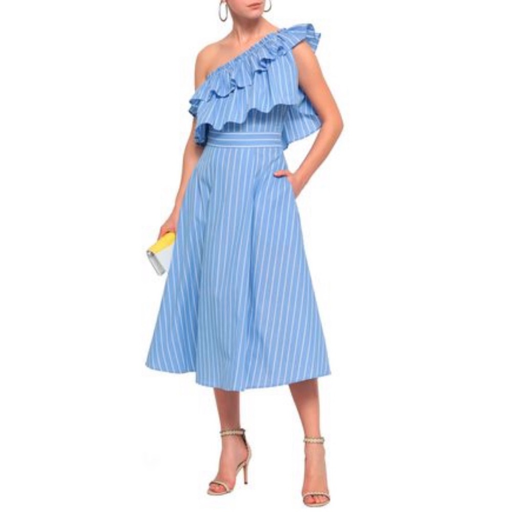 Raoul One Shoulder Sky Blue Striped Cotton Dress